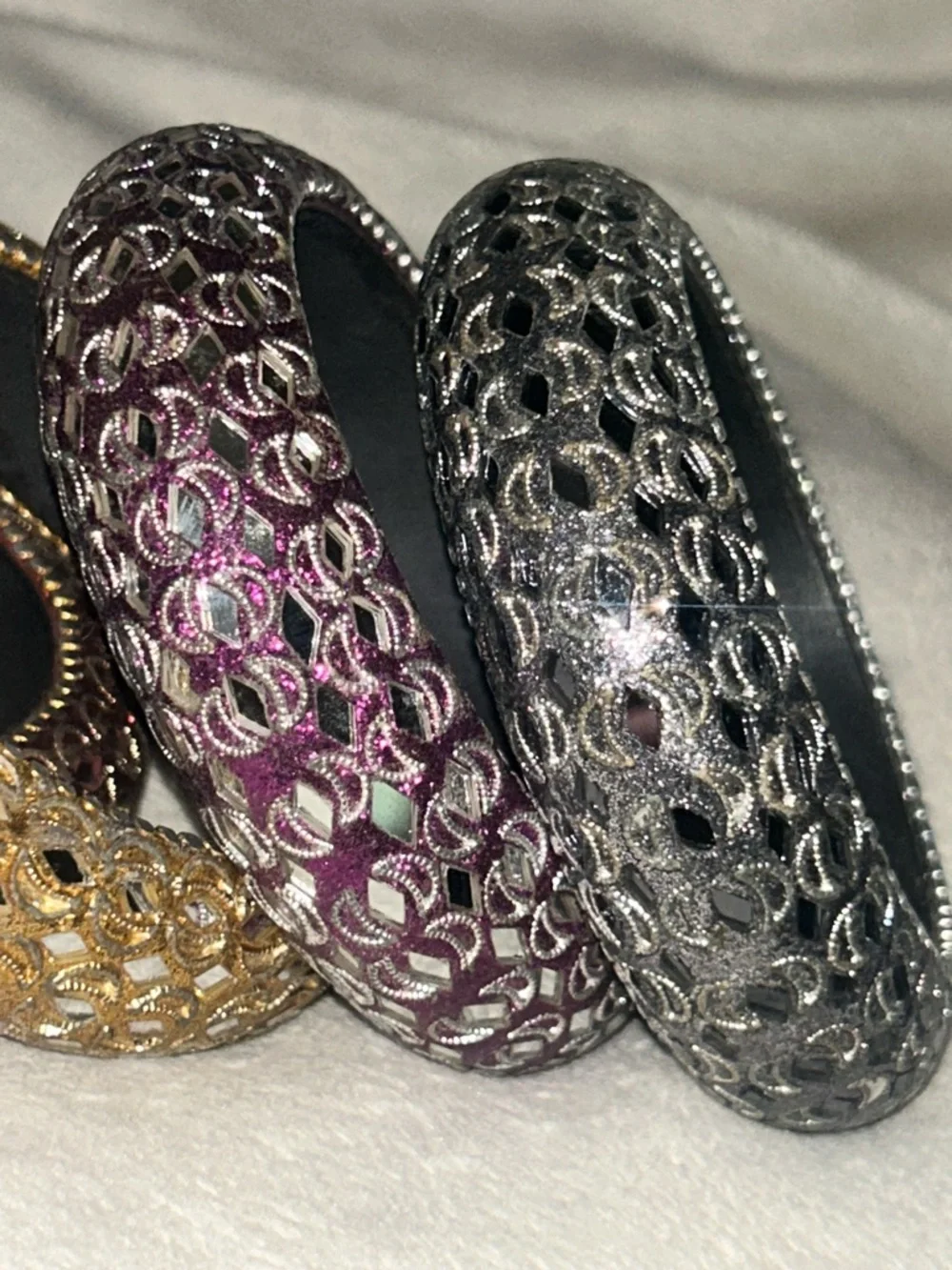 Vintage Stackable Domed Filigree Mirrored Bangle Set - Gold, Silver, Purple, Red